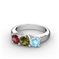 Garnet, peridot ve akuamarin 14 ayar beyaz altın yüzük