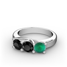 Vela Tria Yüzük - Siyah zirkon ve kök zümrüt 8 ayar beyaz altın yüzük #vrw71b