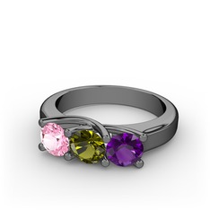 Vela Tria Yüzük - Pembe kuvars, peridot ve ametist 925 ayar siyah rodyum kaplama gümüş yüzük #w8a8bs