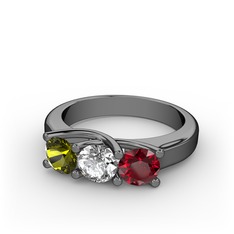 Peridot, beyaz zirkon ve garnet 925 ayar siyah rodyum kaplama gümüş yüzük