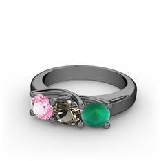Vela Tria Yüzük - Pembe kuvars, dumanlı kuvars ve kök zümrüt 925 ayar siyah rodyum kaplama gümüş yüzük #xn6av7