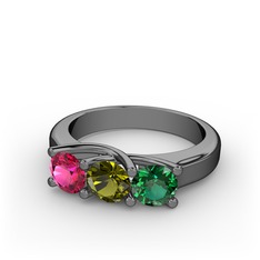 Vela Tria Yüzük - Rodolit garnet, peridot ve yeşil kuvars 925 ayar siyah rodyum kaplama gümüş yüzük #xxfzm6