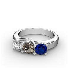 Vela Tria Yüzük - Beyaz zirkon, dumanlı kuvars ve lab safir 8 ayar beyaz altın yüzük #y9vsxt