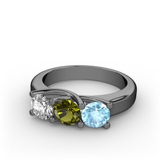 Vela Tria Yüzük - Beyaz zirkon, peridot ve akuamarin 925 ayar siyah rodyum kaplama gümüş yüzük #ygqp26