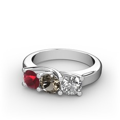 Vela Tria Yüzük - Kök yakut, dumanlı kuvars ve swarovski 18 ayar beyaz altın yüzük #z3swz0