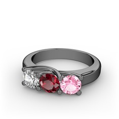 Vela Tria Yüzük - Pırlanta, garnet ve pembe kuvars 925 ayar siyah rodyum kaplama gümüş yüzük (0.5 karat) #zf3hla