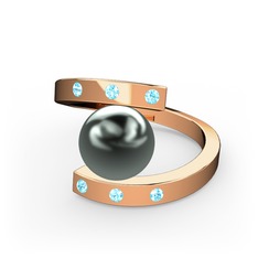 Alya İnci Yüzük - Siyah inci ve akuamarin 14 ayar rose altın yüzük #10ldcsd