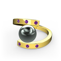 Alya İnci Yüzük - Siyah inci ve ametist 14 ayar altın yüzük #12ts6zp