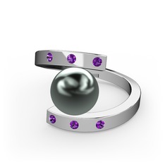 Alya İnci Yüzük - Siyah inci ve ametist 18 ayar beyaz altın yüzük #12zib24