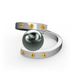 Alya İnci Yüzük - Siyah inci ve sitrin 18 ayar beyaz altın yüzük #1b42no1