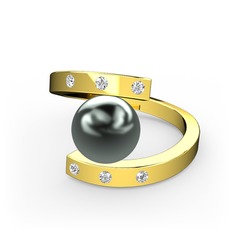 Alya İnci Yüzük - Siyah inci ve beyaz zirkon 925 ayar altın kaplama gümüş yüzük #1sx2ep2
