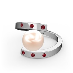 Alya İnci Yüzük - Pembe inci ve garnet 14 ayar beyaz altın yüzük #1t9m79m