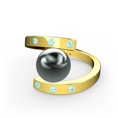 Siyah inci ve akuamarin 8 ayar altın yüzük