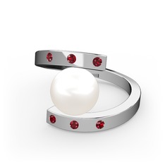Inci ve garnet 14 ayar beyaz altın yüzük