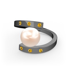 Alya İnci Yüzük - Pembe inci ve sitrin 925 ayar siyah rodyum kaplama gümüş yüzük #g28fo6