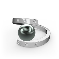Siyah inci ve swarovski 18 ayar beyaz altın yüzük