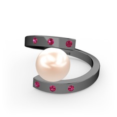 Alya İnci Yüzük - Pembe inci ve rodolit garnet 925 ayar siyah rodyum kaplama gümüş yüzük #m3z46g
