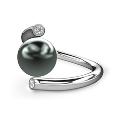 Leyna İnci Yüzük - Siyah inci ve beyaz zirkon 925 ayar gümüş yüzük #1id6m4o