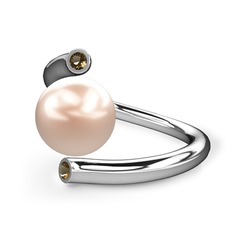 Leyna İnci Yüzük - Pembe inci ve dumanlı kuvars 14 ayar beyaz altın yüzük #1mf5lwc