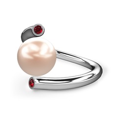 Leyna İnci Yüzük - Pembe inci ve garnet 18 ayar beyaz altın yüzük #1xtll1a