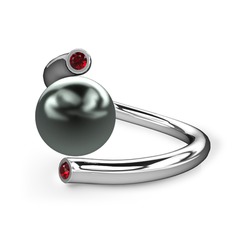 Siyah inci ve garnet 14 ayar beyaz altın yüzük