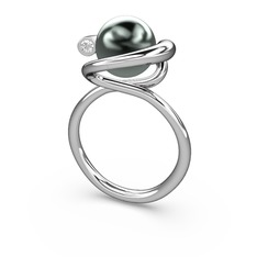 Sina İnci Yüzük - Siyah inci ve swarovski 8 ayar beyaz altın yüzük #1156551