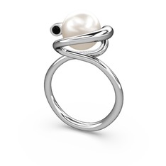 Inci ve siyah zirkon 14 ayar beyaz altın yüzük