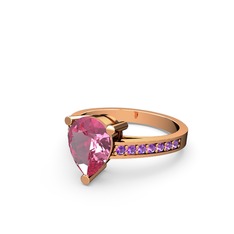 Marvina Damla Tektaş Yüzük - Pembe kuvars ve ametist 8 ayar rose altın yüzük #13ud4qg