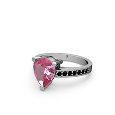 Marvina Damla Tektaş Yüzük - Pembe kuvars ve siyah zirkon 18 ayar beyaz altın yüzük #17jb9p9