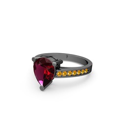 Marvina Damla Tektaş Yüzük - Rodolit garnet ve sitrin 925 ayar siyah rodyum kaplama gümüş yüzük #1ar79ux