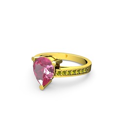 Marvina Damla Tektaş Yüzük - Pembe kuvars ve peridot 14 ayar altın yüzük #1kbdk39