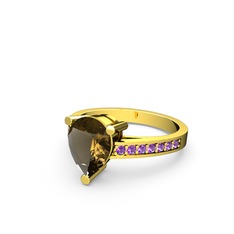 Marvina Damla Tektaş Yüzük - Dumanlı kuvars ve ametist 925 ayar altın kaplama gümüş yüzük #1svvp7j