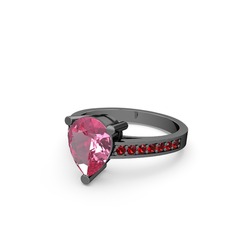 Marvina Damla Tektaş Yüzük - Pembe kuvars ve garnet 925 ayar siyah rodyum kaplama gümüş yüzük #487hqx