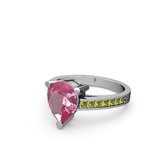 Marvina Damla Tektaş Yüzük - Pembe kuvars ve peridot 8 ayar beyaz altın yüzük #9veugw