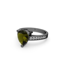 Marvina Damla Tektaş Yüzük - Peridot ve beyaz zirkon 925 ayar siyah rodyum kaplama gümüş yüzük #d0lpza