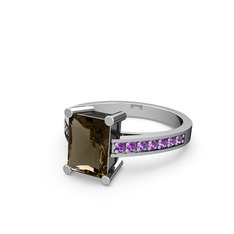 Marvina Dikdörtgen Tektaş Yüzük - Dumanlı kuvars ve ametist 925 ayar gümüş yüzük #10vsi7g