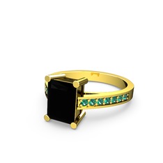Marvina Dikdörtgen Tektaş Yüzük - Siyah zirkon ve yeşil kuvars 8 ayar altın yüzük #14wb461