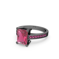 Marvina Dikdörtgen Tektaş Yüzük - Pembe kuvars ve rodolit garnet 925 ayar siyah rodyum kaplama gümüş yüzük #15pi306