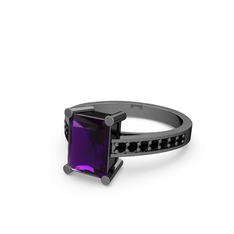 Marvina Dikdörtgen Tektaş Yüzük - Ametist ve siyah zirkon 925 ayar siyah rodyum kaplama gümüş yüzük #1doqli1