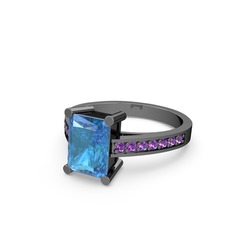 Akuamarin ve ametist 925 ayar siyah rodyum kaplama gümüş yüzük