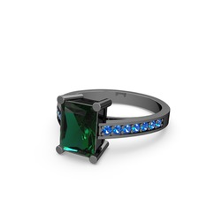 Marvina Dikdörtgen Tektaş Yüzük - Yeşil kuvars ve lab safir 925 ayar siyah rodyum kaplama gümüş yüzük #1ho7rz1