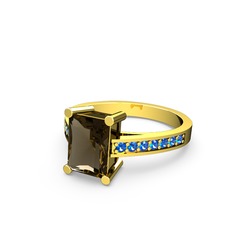 Marvina Dikdörtgen Tektaş Yüzük - Dumanlı kuvars ve lab safir 8 ayar altın yüzük #1o7dwui