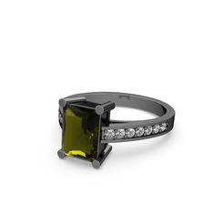 Peridot ve pırlanta 925 ayar siyah rodyum kaplama gümüş yüzük (0.21 karat)
