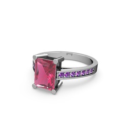 Marvina Dikdörtgen Tektaş Yüzük - Pembe kuvars ve ametist 14 ayar beyaz altın yüzük #1xhaaaf