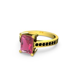 Marvina Dikdörtgen Tektaş Yüzük - Pembe kuvars ve siyah zirkon 14 ayar altın yüzük #2pwvos