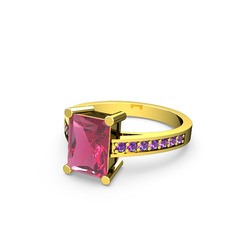 Marvina Dikdörtgen Tektaş Yüzük - Pembe kuvars ve ametist 8 ayar altın yüzük #2skpur
