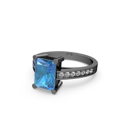 Marvina Dikdörtgen Tektaş Yüzük - Akuamarin ve swarovski 925 ayar siyah rodyum kaplama gümüş yüzük #4mvygp