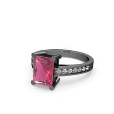 Pembe kuvars ve pırlanta 925 ayar siyah rodyum kaplama gümüş yüzük (0.21 karat)