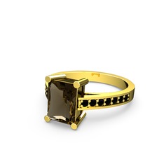 Marvina Dikdörtgen Tektaş Yüzük - Dumanlı kuvars ve siyah zirkon 18 ayar altın yüzük #711z40