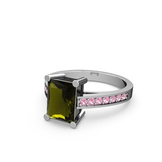 Peridot ve pembe kuvars 14 ayar beyaz altın yüzük